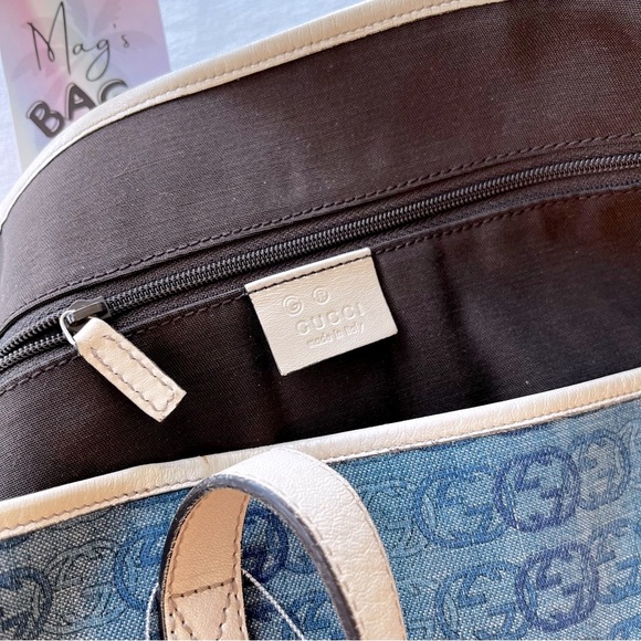 Gucci: Denim Interlocking GG Leather Abbey Joy Tote Shoulder Bag (White) - Picture 12 of 17